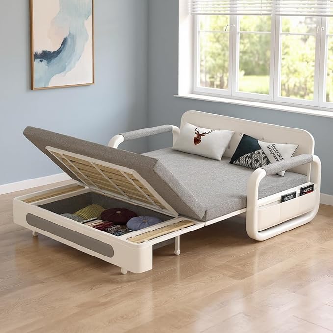 59.8 Versatile Pull-Out Sofa Bed – Modern Versatile Futon Sleeper Couch Daybed with Trundle Perfect for Living Room &amp RV Gray/White
