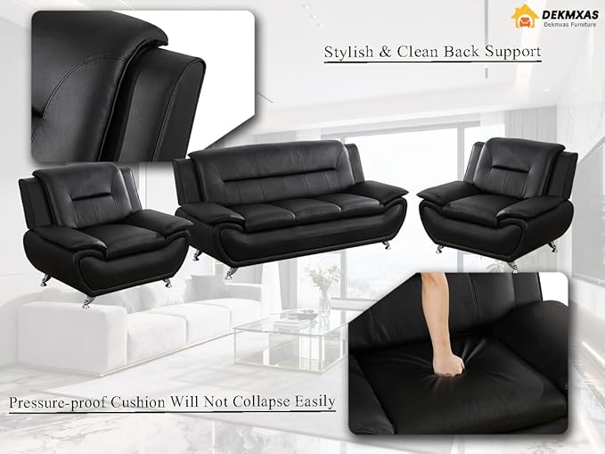 Living Room Sofa Sets Living Room Furniture Sets Black Leather Sofa Couch and 2 Chairs for Apartment Minimalist Style Material Easy Assembly