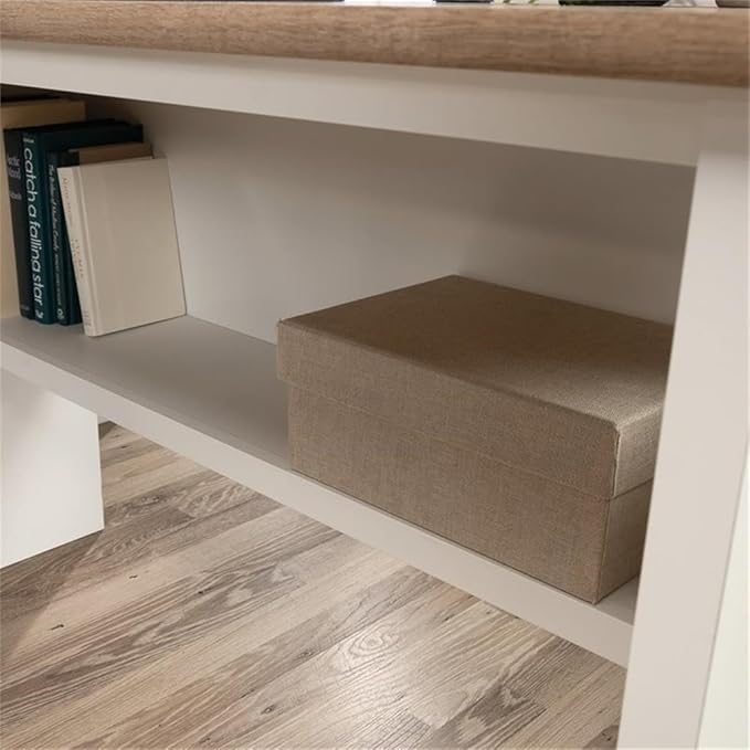 Pemberly Row L-Shaped Engineered Wood Computer Desk Glacier White Finish File Drawer Grommet Holes Cord Management Lower Shelf Modern Farmhouse Home Office Desk