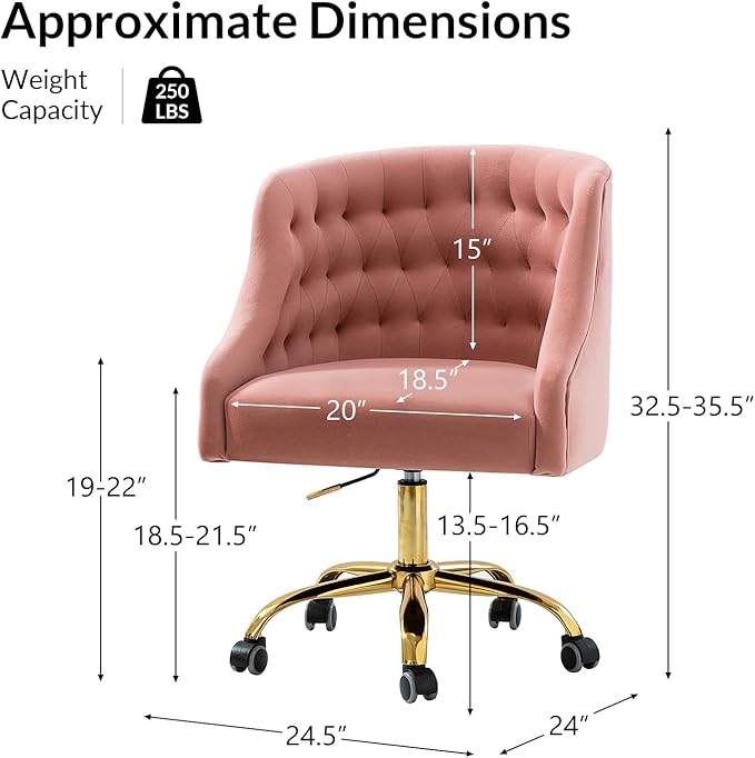 Velvet Office Chair with Gold Base Modern Cute Desk Chair Comfortable Adjustable Swivel Task Chair for Home Office Living Room Bedroom Vanity Study