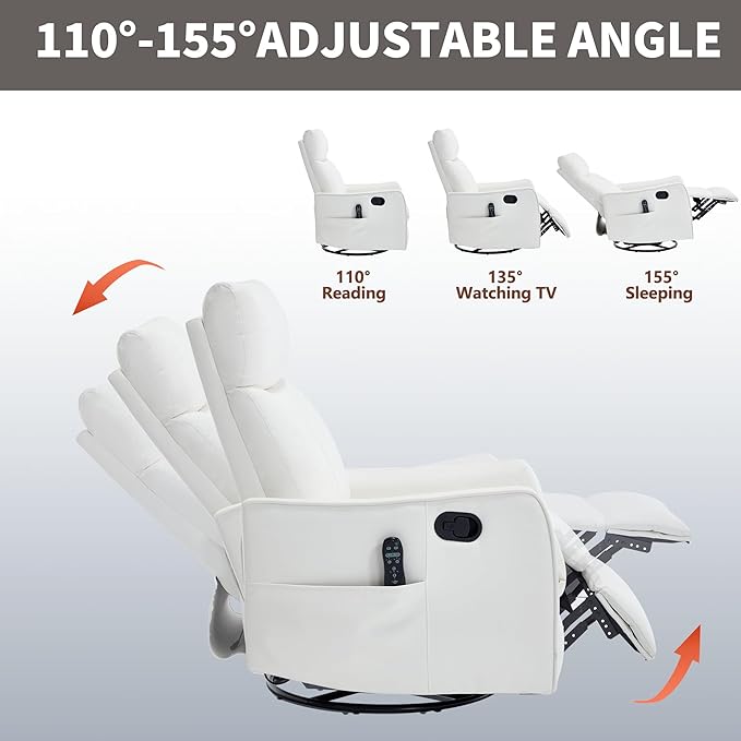 White 360° Swivel Rocker Recliner Chair Massage Reclining Chair with 8-Point Vibration &amp Lumbar Heat for Adults Elderly 155° Recline Easy Assembly for Living Room