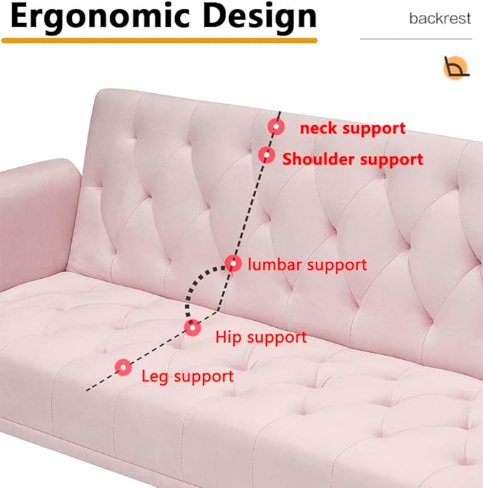71 Pink Futon Sofa Bed Couch: Velvet Fabric Memory Foam 2 Pillows Gold Metal Feet Adjustable Tufted Backrest Convertible Folding Sleeper Loveseat for Living Room Bedroom Apartment (Pink)