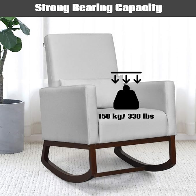 Giantex Rocking Chair Fabric High Back Armchair with Waist PillowWooden Tapered &amp Rocking Dual Legs Multifunctional Upholstered Accent Chair for Nursery Living Room Bedroom Rocker(1 Sliver)