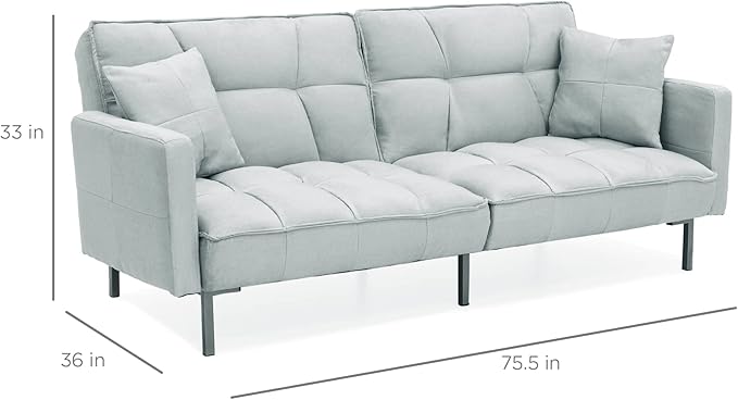 Best Choice Products Convertible Linen Fabric Tufted Split-Back Plush Futon Sofa Furniture for Living Room Apartment Bonus Room Overnight Guests w/ 2 Pillows Wood Frame Metal Legs - Light Gray