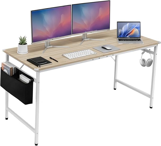 VINGLI 63 Inch Computer Office Modern Simple Gaming Desk with Side Fabric Drawer &amp Hook Up Wear-Resistant Surface Writing Desk Work Desk for Bedroom Living Room Oak Grey