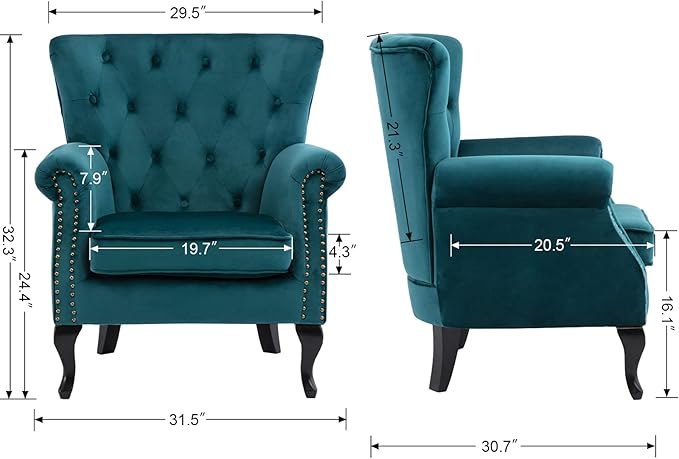 Mid Century Accent Chair Modern Button Tufted Armchair Wingback Club Chair Velvet Single Sofa Lounge Chair with Pillow for Living Room Bedroom Teal Blue