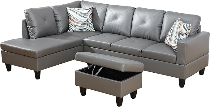 L Shaped Couch Faux Leather Sectional Couches for Living Room Upholstered 3 Pieces Modular Sectional Sofa with Chaise Ottoman with Storage for Living Room and Small Apartment Dark Grey