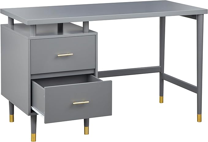 Margo 50 Wide Mid-Century Modern Wood Desk with Drawers Stylish Elevated Top Design Solid Pine Wood Tapered Legs Computer Desk for Home Office &amp Study Charcoal Gray
