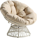 Pemberly Row Accent Chair Cream Wicker Weave with Round Fabric Pillow Cushion 360° Swivel Resin Wicker Metal Frame 40 W x 36 D x 35.25 H Casual Living Room or Dorm Seating