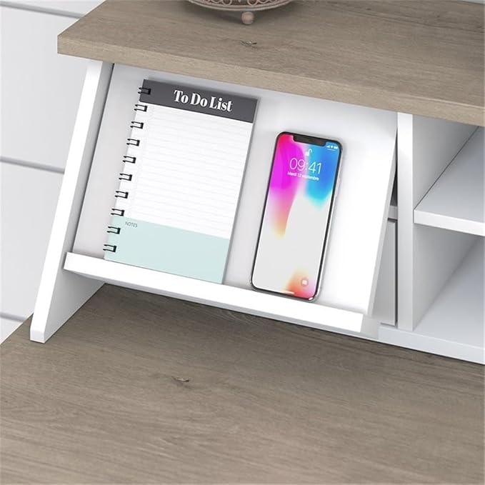 Pemberly Row 60W L Shaped Desk with Organizer and 6 Cube Bookcase Pure White and Shiplap Gray Finish Modern Farmhouse Home Office Furniture Set with Storage Durable Design and Adjustable Shelves