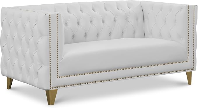 Meridian Furniture 651White-L Michelle Collection Modern | Contemporary Loveseat with Deep Button Tufting Gold Nailhead Trim and Sturdy Gold Iron Legs White Vegan Leather 66 W x 34 D x 30 H