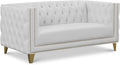 Meridian Furniture 651White-L Michelle Collection Modern | Contemporary Loveseat with Deep Button Tufting Gold Nailhead Trim and Sturdy Gold Iron Legs White Vegan Leather 66 W x 34 D x 30 H