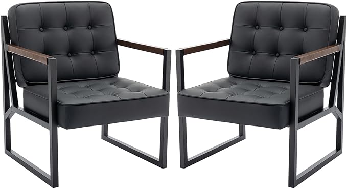 COLAMY Mid Century Modern Accent Chair Set of 2 Comfy Living Room Chair Black Leather Accent Chair Faux Leather Reception Armchair with Metal Legs for Living Room Bedroom Reception Office Black