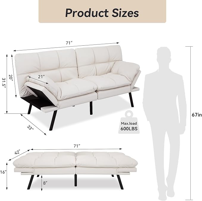Convertible Faux Leather Sofa CouchMemory Foam Futon Couch BedSmall Splitback Modern Loveseat Sleeper Sofa Bed for Living Room Office Apartment Pear White