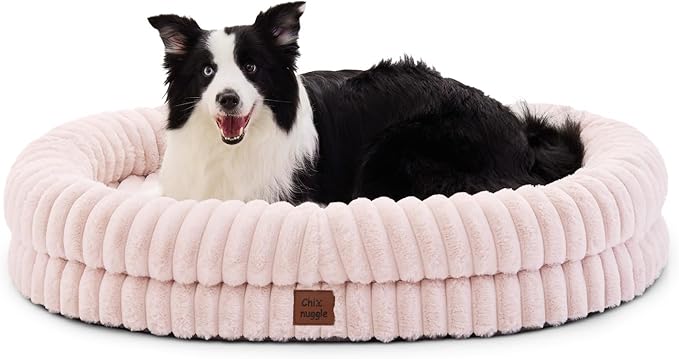 XL Dog Bed - Luxury Striped Faux Fur Waterproof Pet Couch with Removable Washable Cover Orthopedic Dog Bed with Bolster Sides for Sleeping Pink
