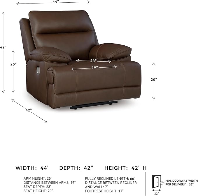 Signature Design by Ashley VonRyan Modern Leather Upholstered Power Recliner with Adjustable Headrest and USB Port Dark Brown