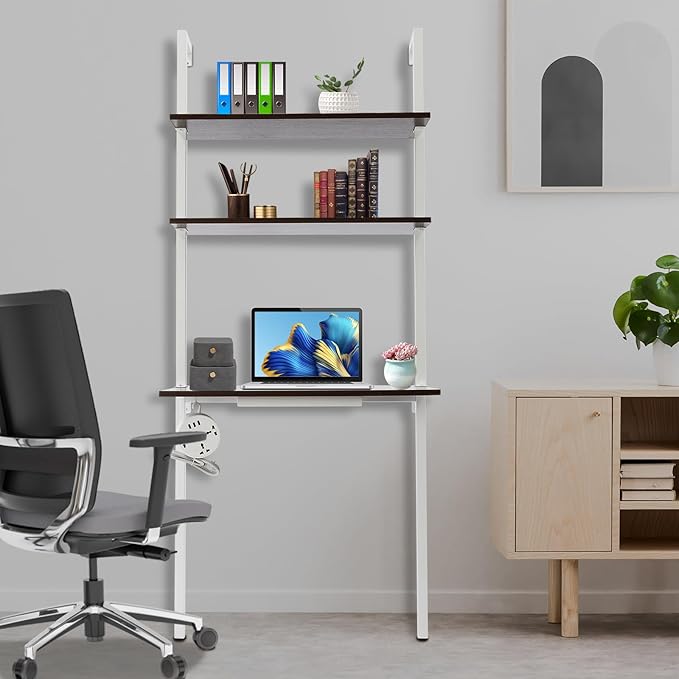 2-Shelf Industrial Wall Mount Ladder Wall Mount Computer or Writing Desk Computer Laptop Desk with Shelves Floating Desk with Storage Wall Table for Home Office White (20x30x72.5)