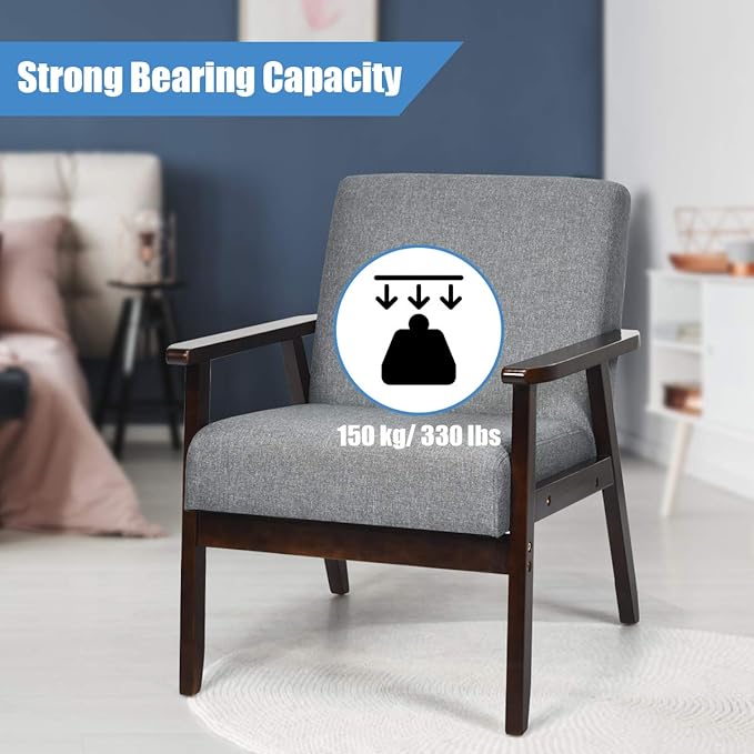 Giantex Set of 2 Mid-Century Modern Accent Chair Retro Fabric Armchair Solid Hardwood Made Upholstered Linen Lounge Arm Chair for Living Room (Dark Grey)