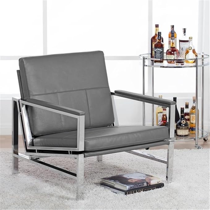 Pemberly Row Modern Bonded Leather Accent Arm Chair Smoke Gray and Chrome Finish 29.75 W x 32 D x 33 H Extra-Wide Seat Mid-Century Design Sleek Guest Seating for Living Room or Home Office
