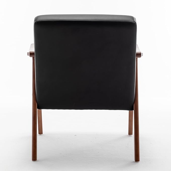 Mid Century Modern Accent Chair with Solid Wood Frame Armchairs with Faux Leather for Bedroom Reading Room Living Room and Lounge Black