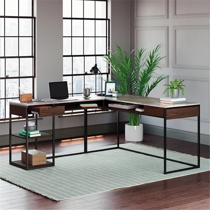Pemberly Row L-Shaped Engineered Wood Desk Deco Stone Gray Finish 65.98 W x 60 D x 29.72 H Powder Coated Metal Frame Cord Management 2 Drawers Fixed Shelf Cubby Storage Home Office Desk