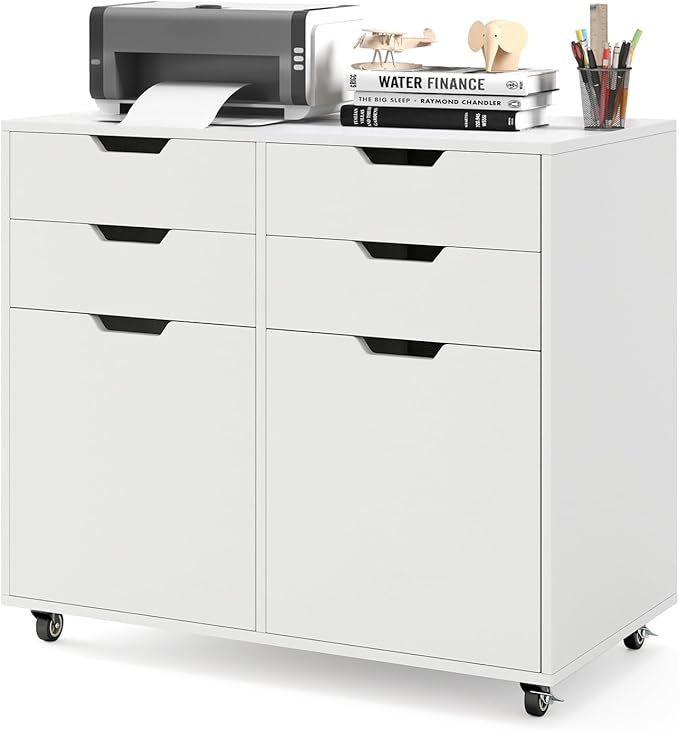 White File Cabinet with 4 Drawers and 2 Doors Under Desk Mobile Storage Organizer Wooden Printer Stand on Wheels 29 Lateral Filing Cabinet for Home Office Living Room