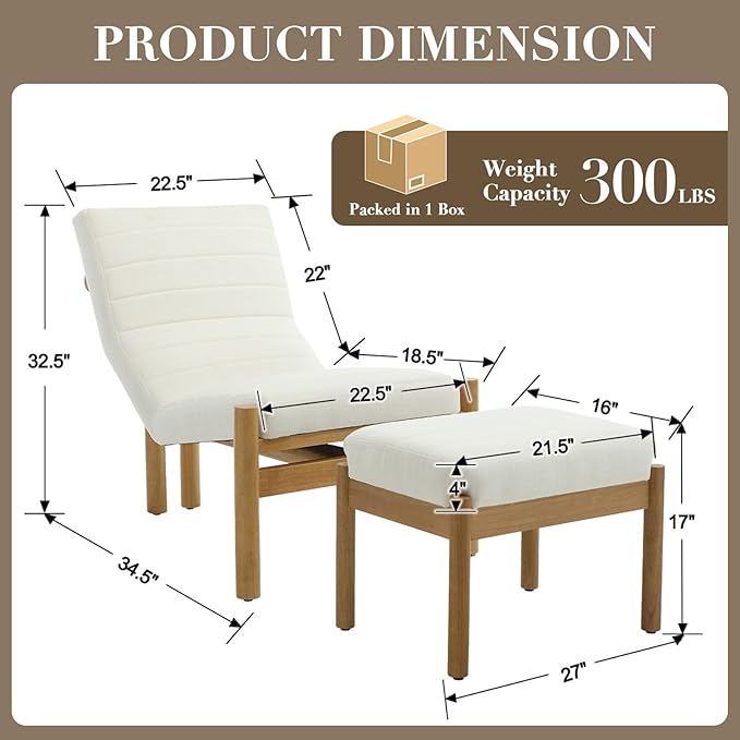 Accent Chair with Ottoman Living Room Chair Beige Linen Upholstered Lounge Chair with Footrest Set Modern Chair Cozy Reclining Chair for Reading Room Bedroom Beige