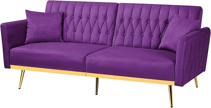 70” Velvet Futon Sofa Bed with 2 Pillows and Adjustable Armrests Convertible Sleeper Bed W/Adjustable Backrests Modern Loveseat for Living Room Bedroom Purpel