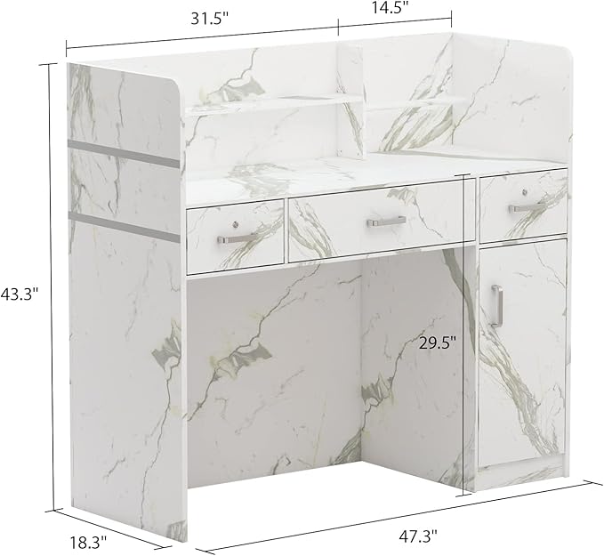 Homsee Modern Reception Desk with 3 Drawers 1 Door Storage Cabinet &amp Hutch Shelf Office Wooden Computer Desk Writing Study Table PC Laptop Desk White Marble (47.3 L x 18.3 W x 43.3 H)