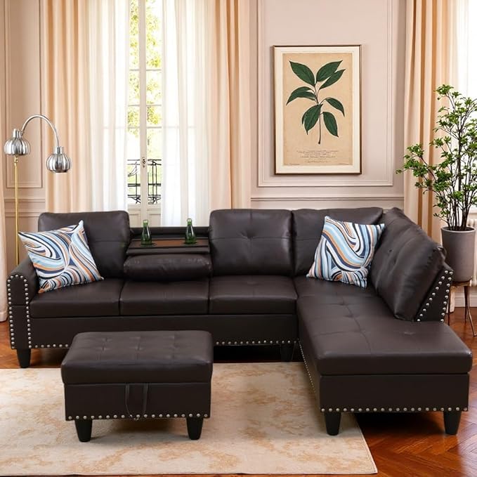 L Shaped Sectional Couch with Ottoman Modern Leather Modular Sectional Sofa with Cup Holder Nail-Head Design L Shaped Couch for Living Room Bedroom Brown