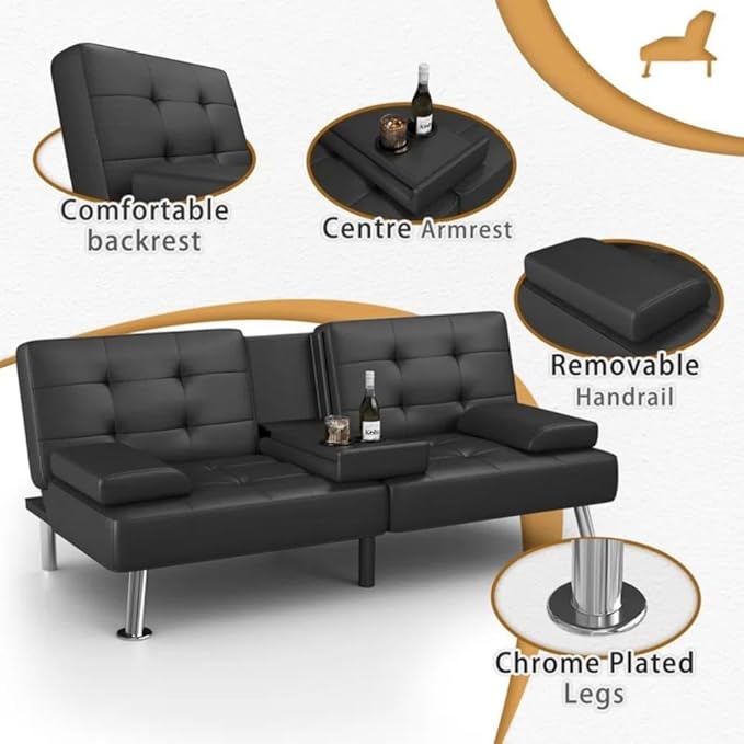 GUNJI Multi-Functional Faux Leather Futon Sofa Bed with Removable Armrests and Adjustable Sleeper Function Double Cup Holder Design Suitable for Living Room