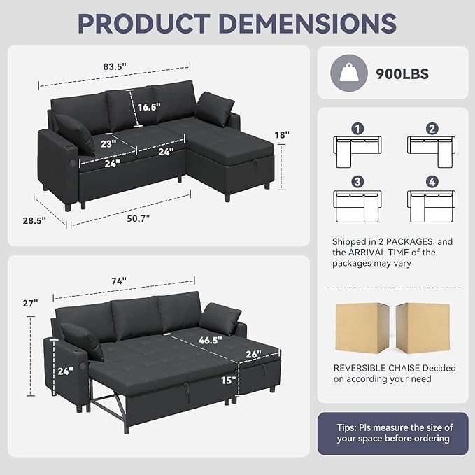 Esright 84'' Black Sleeper Sofa Bed L Shaped Sectional Convertible Pull Out Couch with Storage Chaise for Living Room Sleeper Sofa Couch with Pullout Bed USB Cup Holders Side Pockets(Black)