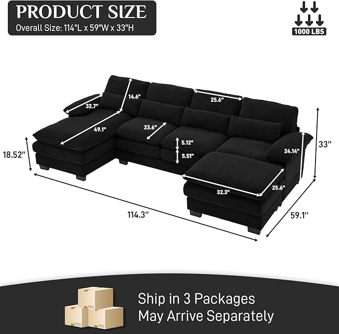 OUYESSIR 114 U Shape Sectional Cloud Couch with OttomanFluffy Sectional Couches for Living Room4 Seater Modular Sectionals SofaComfy Cloud Sofas &amp Couches with 4 PillowsBlack