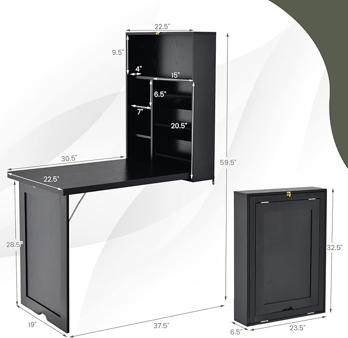 Wall Mounted Desk Fold Out Convertible Desk with Storage Shelves Space Saving Wall Folding Table Home Office Floating Desks for Small Spaces (Black)