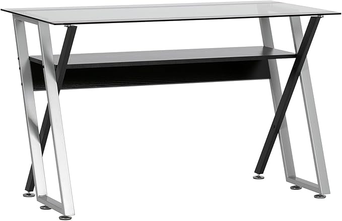 Calico Designs Colorado Glass Desk – 47 Modern Writing Desk with Tempered Glass Top Steel Frame &amp Storage Shelf – Home Office Computer or Study Table Black/Silver