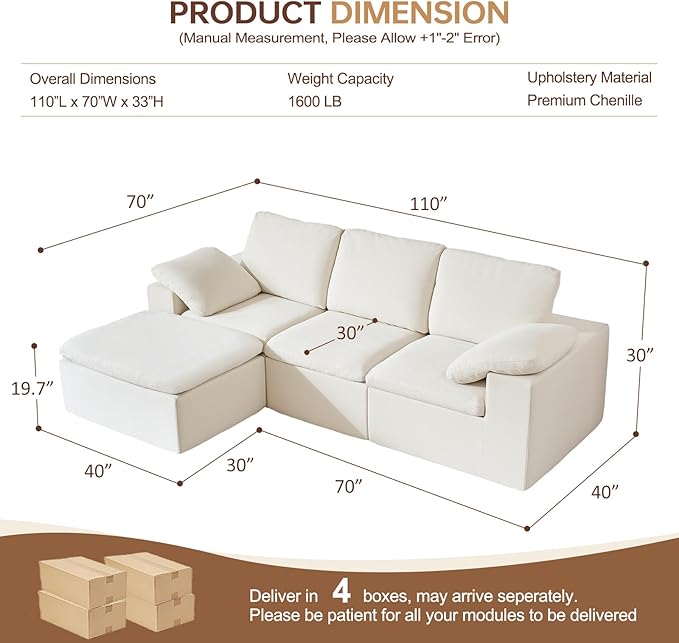 110 L Shaped Modern Sofa Boneless Modular Sectional Cloud Couch with Ottoman 4-Seat Chenille Deep Seat Sofa for Living Room Bedroom and Apartment No Assembly Beige | No Assembly Required 30 Dee