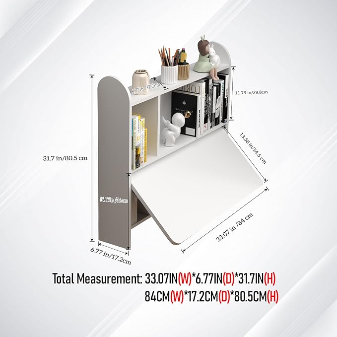 Wall Mounted Drop-Leaf Table Floating Laptop Desk Folding Table with Shelves Multifunctional Computer Workstation with Storage Compartments in Home Office for Space Saving (White)
