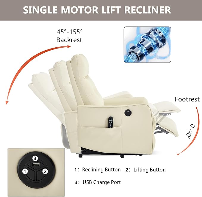 Small Power Lift Chair Recliner for Elderly Petite Power Recliner Chair with Massage and Heat | USB | High Back | Push Button | Side Pockets Liviing Room Easy Assembly (PU Leather Beige)