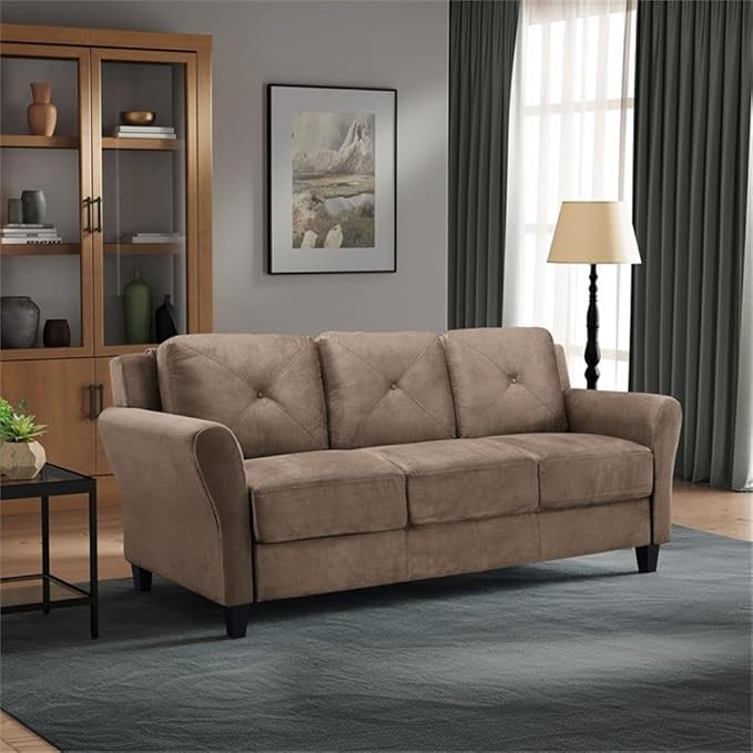 BOWERY HILL Transitional Set of 2 Solid Hardwood Frame Brown Microfiber Upholstered Stationary Sofa &amp Loveseat with Tufted Back Cushions