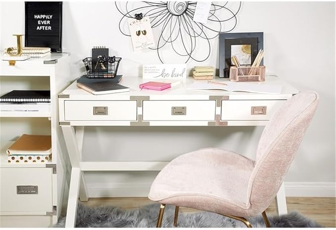 Pemberly Row Contemporary Wood Desk 46 in White Finish Built-in Power Station 3-Drawer Design Semi-Assembled Home Office Writing Desk for Workspace Organization