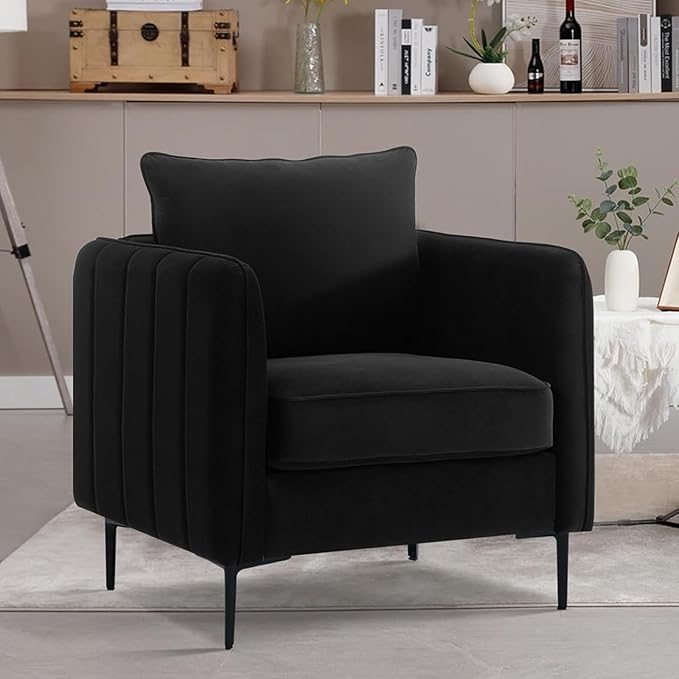 Modern Accent Chair Velvet Upholstered Living Room Chair with Pillow Mid-Century Armchair with Striped Armrest Living Room Chair for Bedroom Apartment (Black)