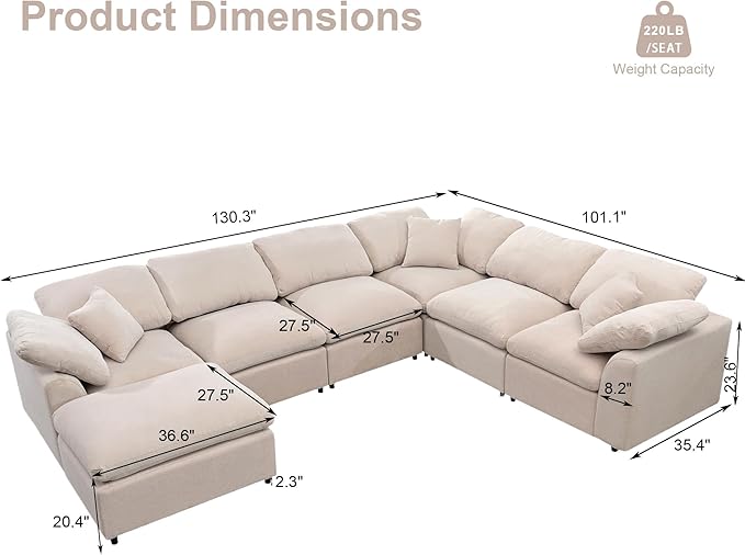 129.3 Oversized Modular Sectional Sofa U Shaped Couch with Movable Ottoman Large 7 Seat Corner Couches for Living Room Spacious Space Beige