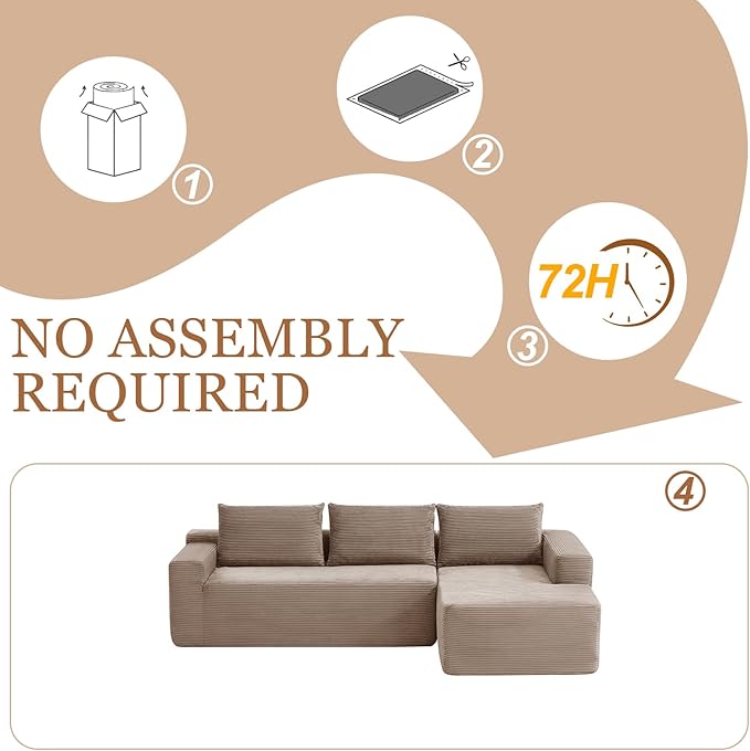 97 Cloud Sectional Couch Modern Boneless Couch with L-Shape Chaise Deep Seat Modular Sectional Sofa Corduroy Corner Foam Couches for Living RoomNo Assembly Required(Camel Right Chaise)