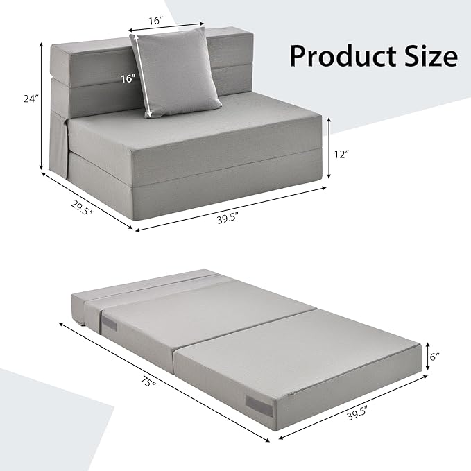 Giantex 6 Inch Folding Sofa Bed Couch with Pillow Tri-fold Mattress with High-Density Foam Foldable Floor Couch with Headrest Portable Guest Bed with Zippered &amp Washable Cover Grey