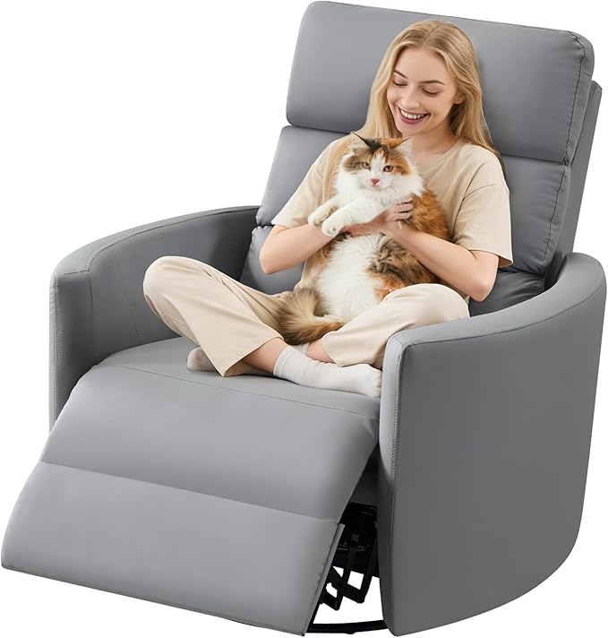 GRAINELL Oversize Power Swivel Recliner 40in Wide Electric Glider Rocking Chair with Headrest Adjustment USB Port 270° Swivel Rock 30°– for Living Room Nursery Leather Grey (57' to 61' Height)