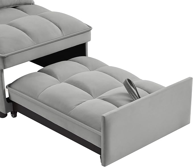 4 in1 Multi-Function Single Sofa Bed with Storage PocketsTufted Single Pull-Out Sofa Bed with Adjustable Backrest and PillowsConvertible Chaise Loungefor Small Room Apartment (Gray)