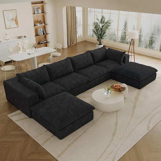 157.6 Modular Sectional Sofa Cloud Couch with 2 Ottoman Modern Boneless Couch with Plush Corduroy Fabric No Assembly Fluffy Deep Seat Upholstered Sofa for Living Room (Black U Shape)