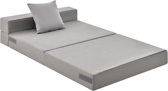 Giantex 6 Inch Folding Sofa Bed Couch with Pillow Tri-fold Mattress with High-Density Foam Foldable Floor Couch with Headrest Portable Guest Bed with Zippered &amp Washable Cover Grey