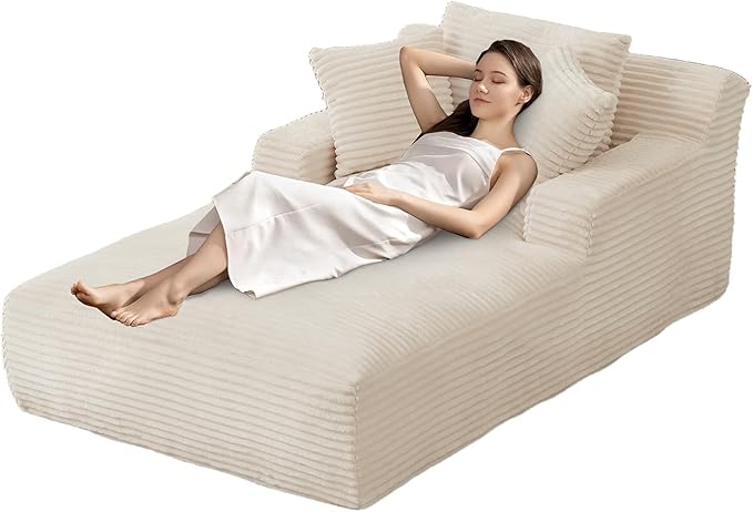 80 Inch Oversized Chaise Lounge Chair IndoorBoneless Corduroy Sofa Bed with Spring CushionDeep Seat Cloud Couch and Reading LoungerSoft Sleeper Sofa for Living RoomNo Assembly Required (White)