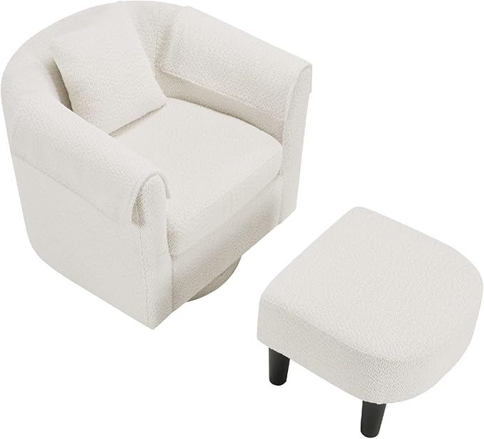 White Swivel Accent Chair with Ottoman 360° Barrel Chairs with Foot Stool Comfy Reading Chair with Removable Pillow &amp 2 Armrest Covers for Living Room Small Spaces Bedroom Chenille (White)